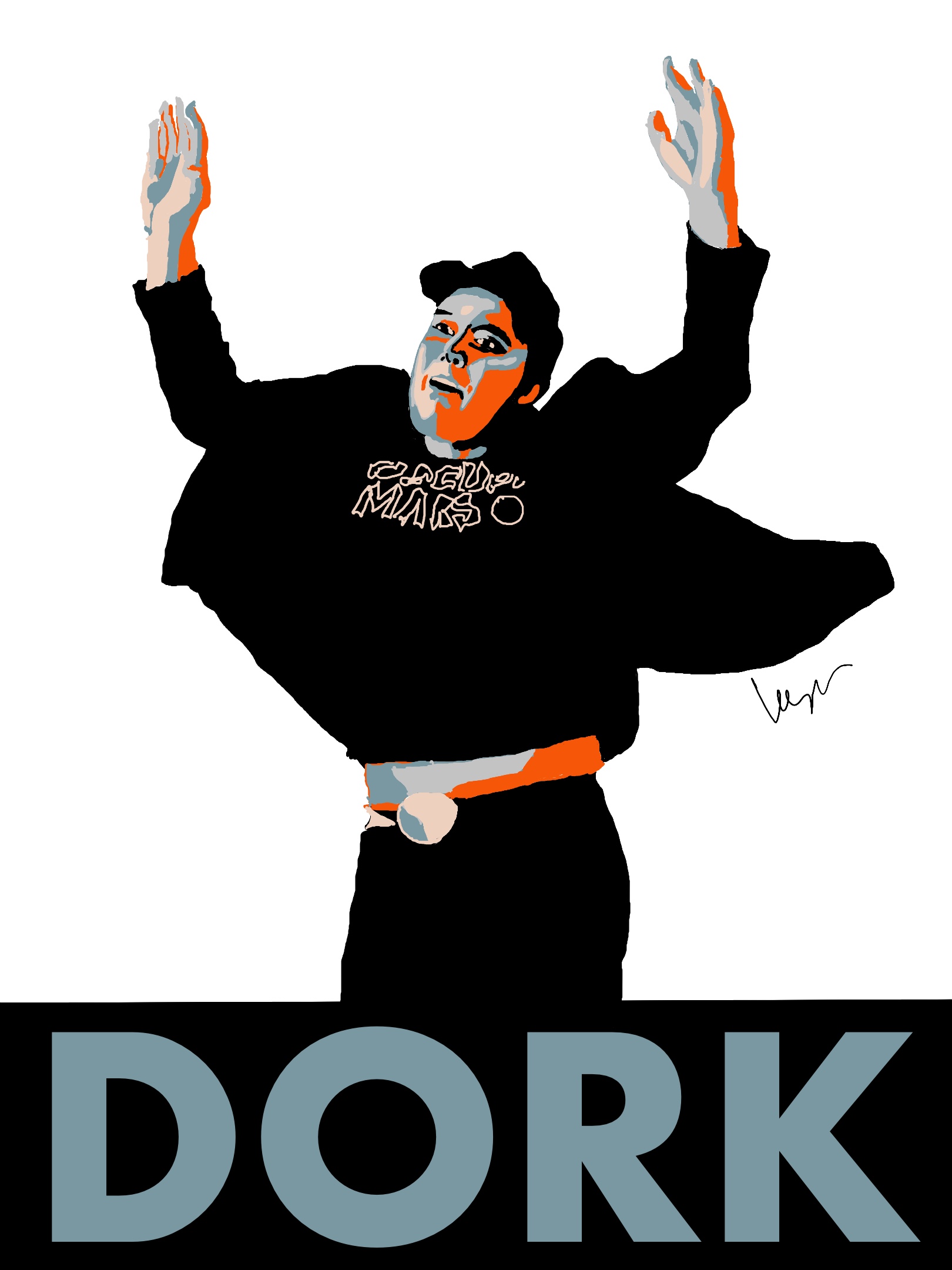 an image of a digital collage done in the style of the Obama HOPE portrait, but this features an utterly unhinged-looking elon musk jumping into the air above the word DORK in bold type