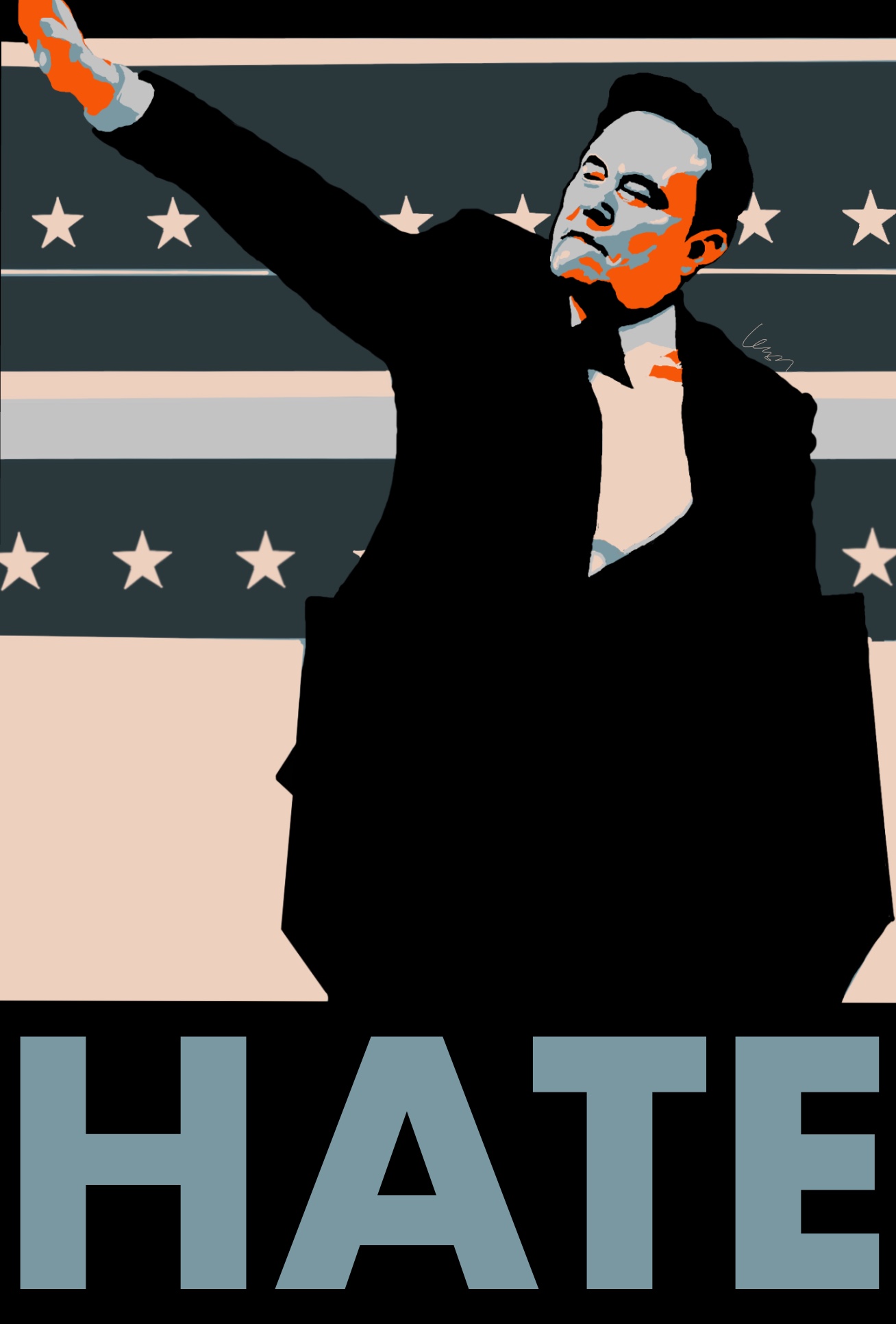 an image of an artwork in the style of the Obama HOPE poster, but with a stylized digital collage of a still from Elon Musk's speech where he is giving the Nazi salute, with the word HATE printed underneath the collage