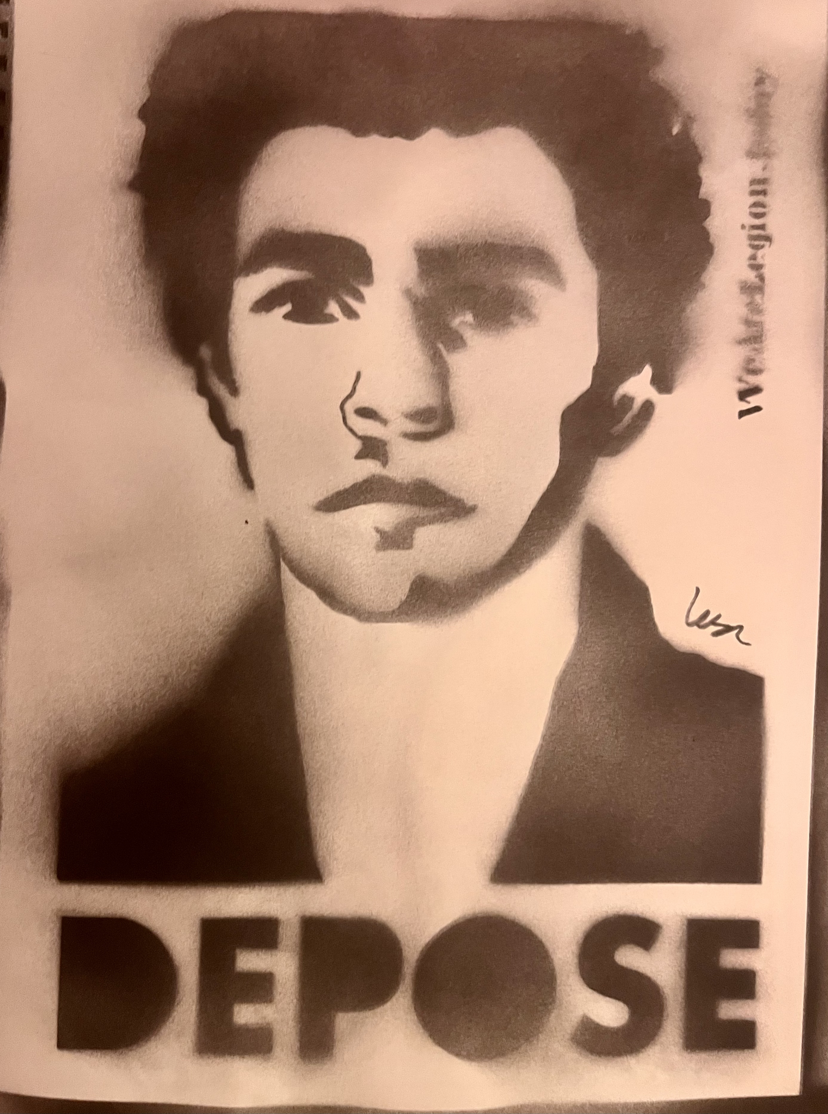 an image of a stencil silhouette created with spray paint on paper that depicts Luigi Mangione above the word DEPOSE