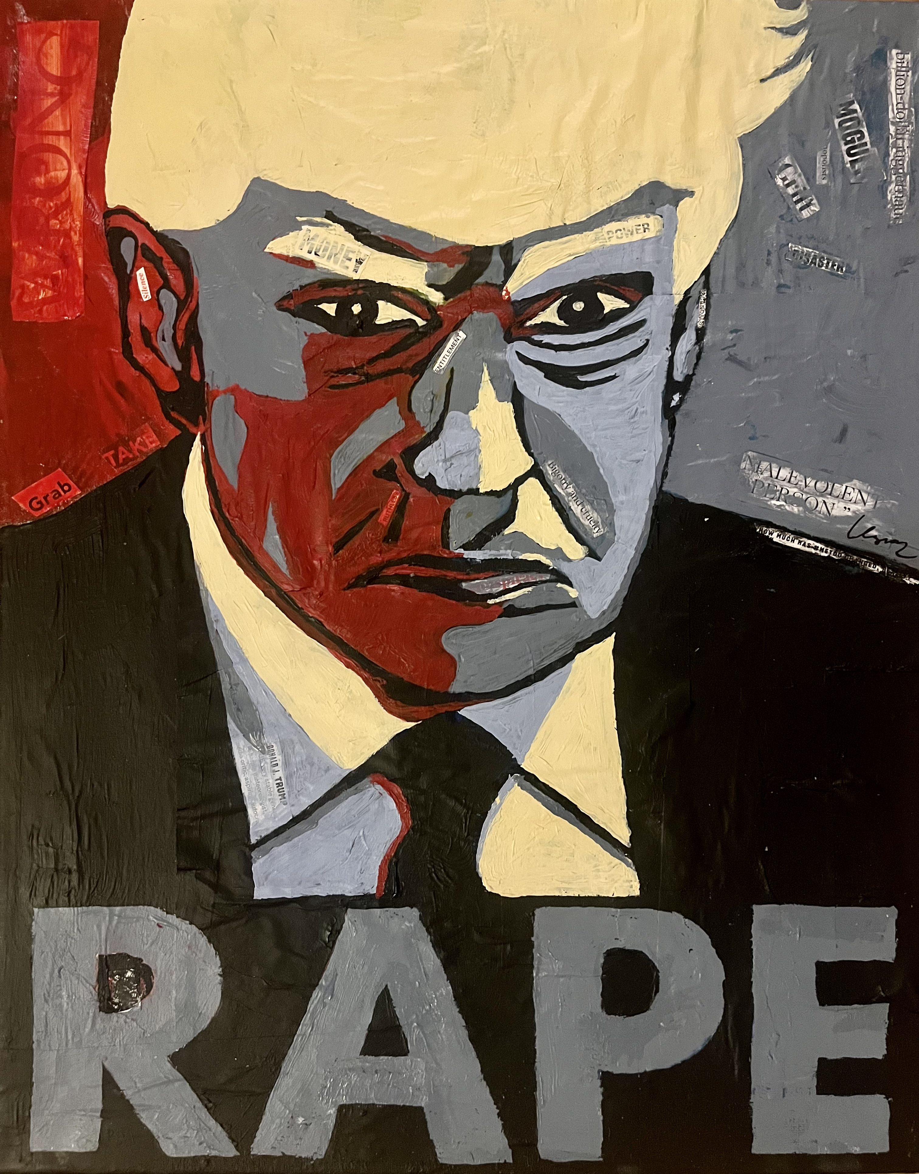 an image of a canvas in the style of the Obama HOPE poster, but with a stylized painting of trump's mugshot, with the word RAPE underneath